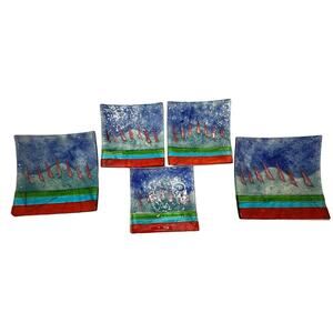 5 Fused Glass Abstract Modern Contemporary Curved Plates Blue/Red/Green Nautical